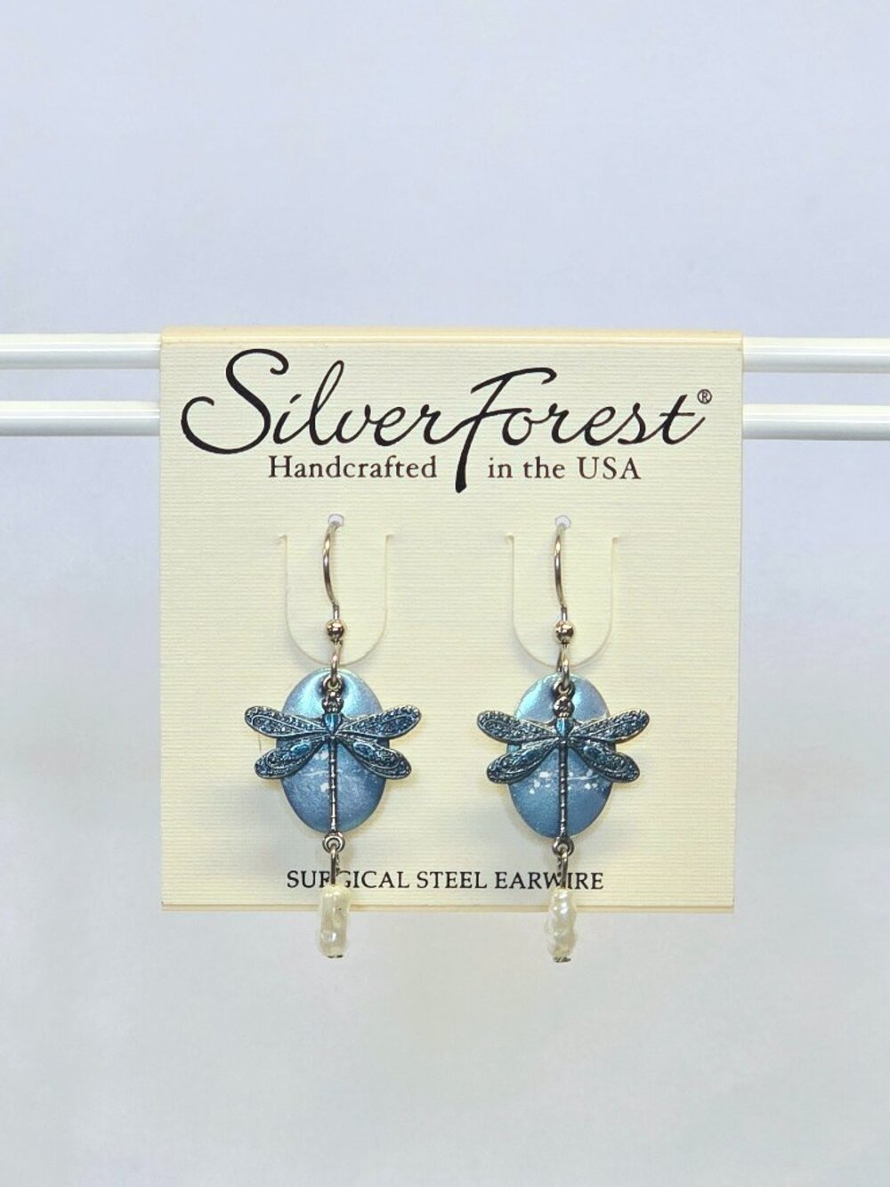 Silver Forest Earrings Silver Blue Dragonfly White Bead